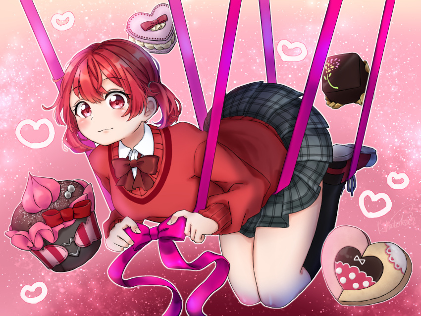 1girl aho_no_sakata candy chocolate chocolate_heart cupcake food hatoka_ra5 heart highres red_eyes redhead ribbon sakako_(aho_no_sakata) shirt urashimasakatasen valentine