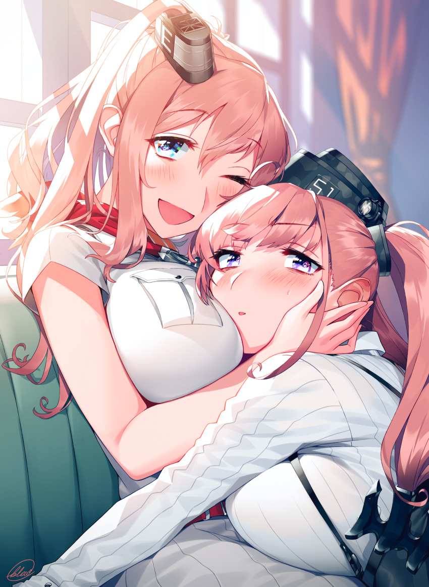 2girls anchor_hair_ornament atlanta_(kancolle) black_headwear blew_andwhite blue_eyes breast_pocket breasts couch dress earrings garrison_cap hair_between_eyes hair_ornament hat highres hug jewelry kantai_collection large_breasts long_hair long_sleeves multiple_girls neckerchief pocket ponytail red_neckwear redhead saratoga_(kancolle) shirt side_ponytail sidelocks smokestack smokestack_hair_ornament star_(symbol) star_earrings suspenders two_side_up upper_body white_dress white_shirt window