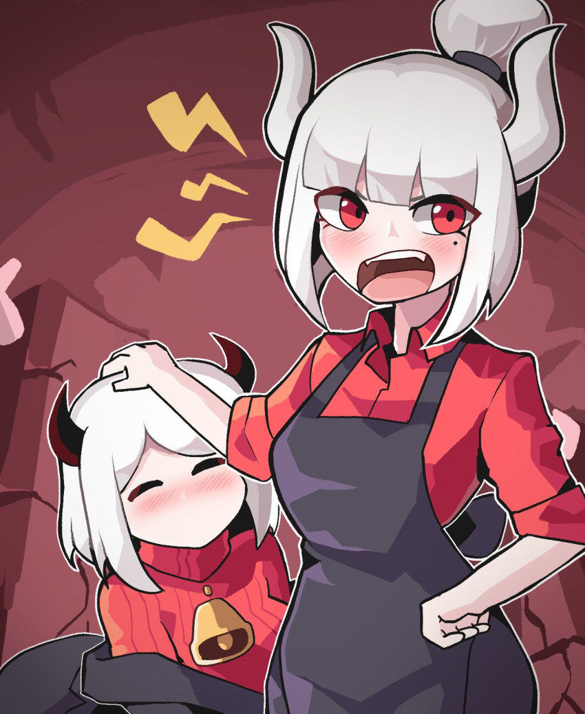 apron bell black_apron black_horns blush closed_eyes collared_shirt demon_horns dice_coffeedox hand_on_another's_head helltaker highres horns lucifer_(helltaker) medium_hair modeus_(helltaker) mole mole_under_eye neck_bell no_mouth no_nose open_mouth red_eyes red_shirt red_sweater shirt sweater upper_body white_hair white_horns