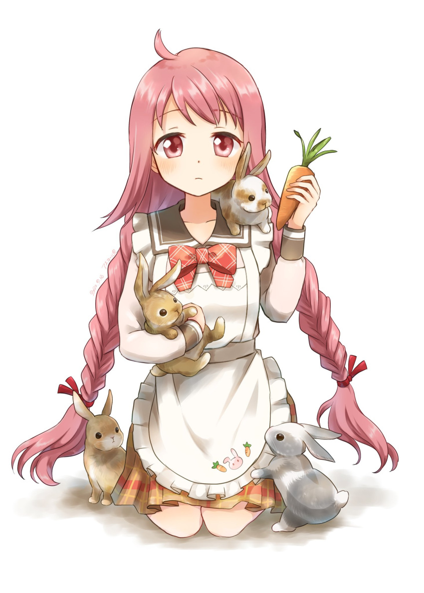 1girl ahoge apron asukaru_(magika_ru) bangs braid carrot character_request copyright_request eyebrows_visible_through_hair hair_ribbon highres holding_bunny holding_carrot looking_at_viewer pink_eyes pink_hair rabbit ribbon school_uniform simple_background solo twin_braids twintails