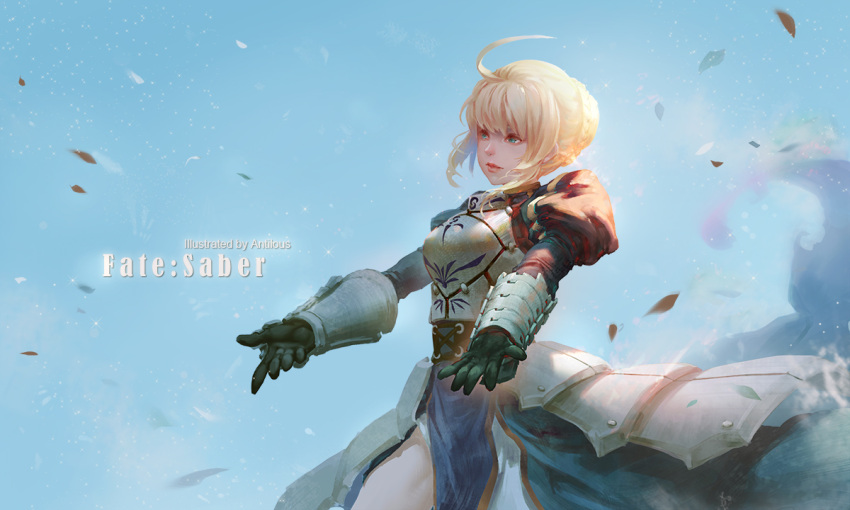 1girl ahoge antilous armor armored_dress artist_name artoria_pendragon_(all) black_gloves blonde_hair blue_background braid breastplate cowboy_shot fate/grand_order fate_(series) french_braid from_side gloves green_eyes outstretched_arms petals saber short_hair solo