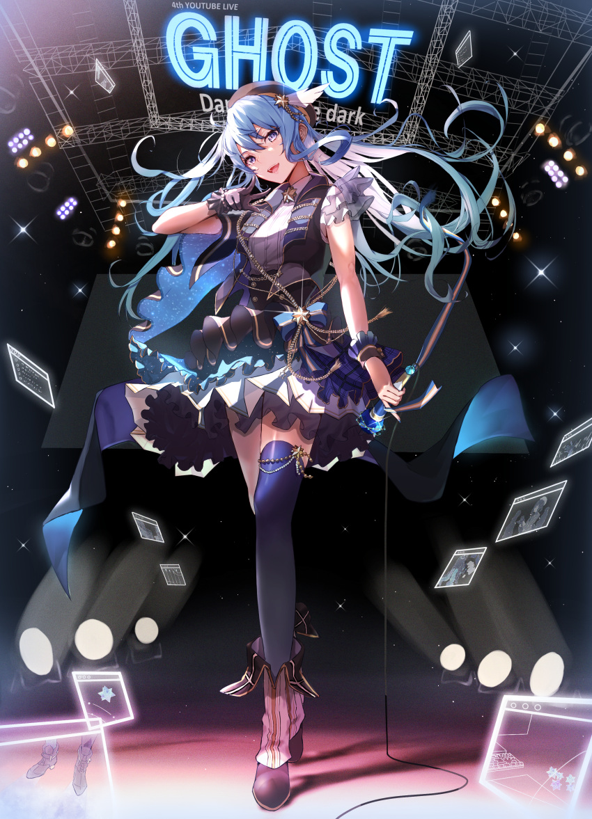 1girl :d absurdres bangs beret black_footwear black_gloves black_headwear black_vest blue_eyes blue_hair blue_legwear boots commentary frilled_skirt frills full_body gloves gradient gradient_legwear hair_between_eyes hat high-waist_skirt highres holding holding_microphone hololive hoshimachi_suisei huge_filesize long_hair looking_at_viewer microphone mugiusagi open_mouth purple_legwear revision shirt single_glove single_thighhigh single_wrist_cuff skirt smile solo song_name stage stage_lights standing star_(symbol) star_in_eye symbol_in_eye thigh-highs v very_long_hair vest virtual_youtuber white_shirt wrist_cuffs