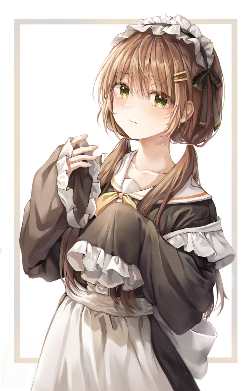 1girl absurdres apron blush bobby_pin brown_hair closed_mouth crying crying_with_eyes_open eyebrows_visible_through_hair green_eyes highres huge_filesize lime1125 long_hair long_sleeves looking_at_viewer maid maid_apron maid_headdress original school_uniform simple_background solo tearing_up tears twintails upper_body white_background wide_sleeves