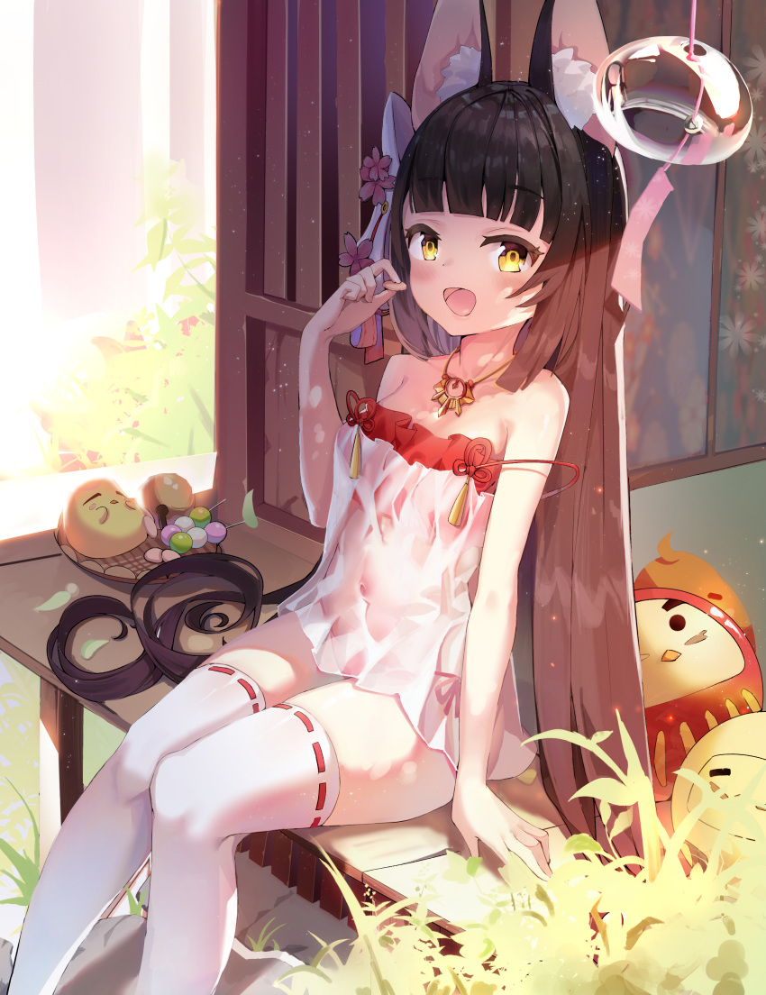 1girl :d absurdres animal_ear_fluff animal_ears azur_lane bangs bare_shoulders bikini bikini_under_clothes black_hair blunt_bangs chinese_commentary commentary_request eyebrows_visible_through_hair feet_out_of_frame food fox_ears fox_mask highres holding holding_food jewelry long_hair looking_at_viewer mask mask_on_head nagato_(azur_lane) nagato_(great_fox's_sleepwear)_(azur_lane) necklace official_alternate_costume open_mouth qiuyueruona red_bikini ribbon-trimmed_legwear ribbon_trim see-through side-tie_bikini sitting smile solo strap_slip swimsuit thigh-highs very_long_hair white_legwear yellow_eyes