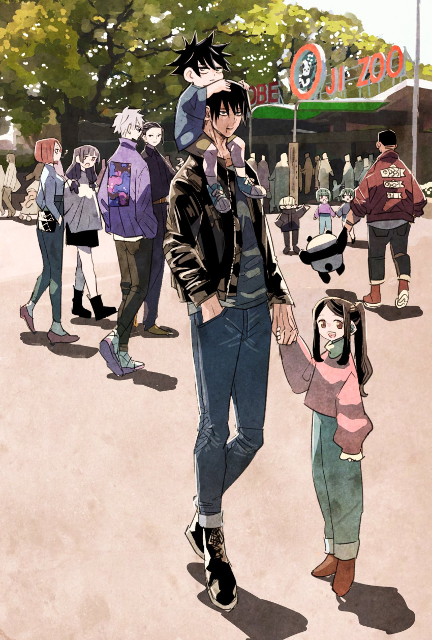 5girls 6+boys bag bangs black_eyes black_footwear black_hair black_jacket black_pants blonde_hair blue_footwear blue_pants blue_shirt brown_hair brown_shorts carrying cigarette day facing_away fushiguro_megumi fushiguro_touji fushiguro_tsumiki getou_suguru gojou_satoru hair_between_eyes handbag hands_in_pockets highres holding_hands ieiri_shoko inumaki_toge iori_utahime jacket jujutsu_kaisen long_sleeves looking_away mole mole_under_eye multiple_boys multiple_girls open_mouth outdoors panda pants pink_shirt ponytail profile purple_jacket purple_shirt red_jacket ryosuketarou scar scar_on_face shirt shoes short_hair short_sleeves shorts shoulder_carry sidelocks smile smoking spiky_hair twintails walking white_hair yaga_masamichi zen'in_mai zen'in_maki