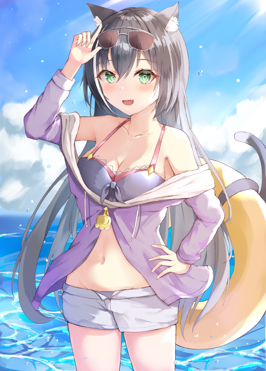 1girl :d akie_(44265104) animal_ear_fluff animal_ears black_hair black_swimsuit blush breasts cat_ears cat_girl cat_tail clouds cloudy_sky collarbone commentary cowboy_shot eyebrows_visible_through_hair eyewear_on_head fang green_eyes hand_on_hip highres innertube karyl_(princess_connect!) long_hair off_shoulder open_mouth princess_connect! princess_connect!_re:dive purple_shirt shirt shorts skin_fang sky smile solo standing sunglasses swimsuit swimwear tail very_long_hair water white_shorts