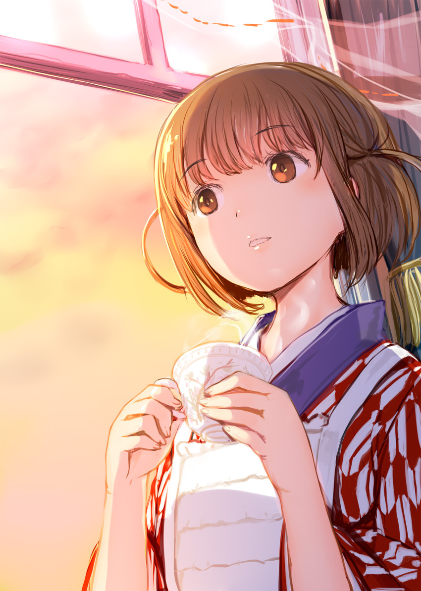 1girl apron brown_eyes brown_hair chirori_(manga) commentary_request cup highres holding holding_cup japanese_clothes mikazuki_akira! short_hair sky solo steam teacup waitress window yagasuri