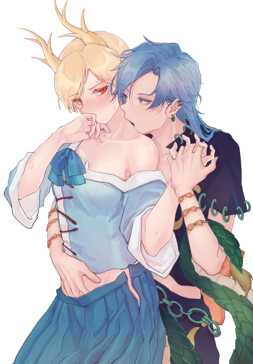 2girls absurdres bare_shoulders black_shirt black_skirt blonde_hair blue_eyes blue_hair blue_shirt blue_skirt blush breasts collarbone covering_mouth cowboy_shot dragon_horns dragon_tail ear_piercing earrings hand_up highres himemushi_momoyo horns interlocked_fingers jewelry kicchou_yachie kiss long_hair looking_at_another medium_breasts multiple_girls neck_kiss nose_blush off_shoulder piercing pleated_skirt red_eyes ring ringo_orihara shirt short_hair simple_background skirt sweat tail touhou white_background yuri