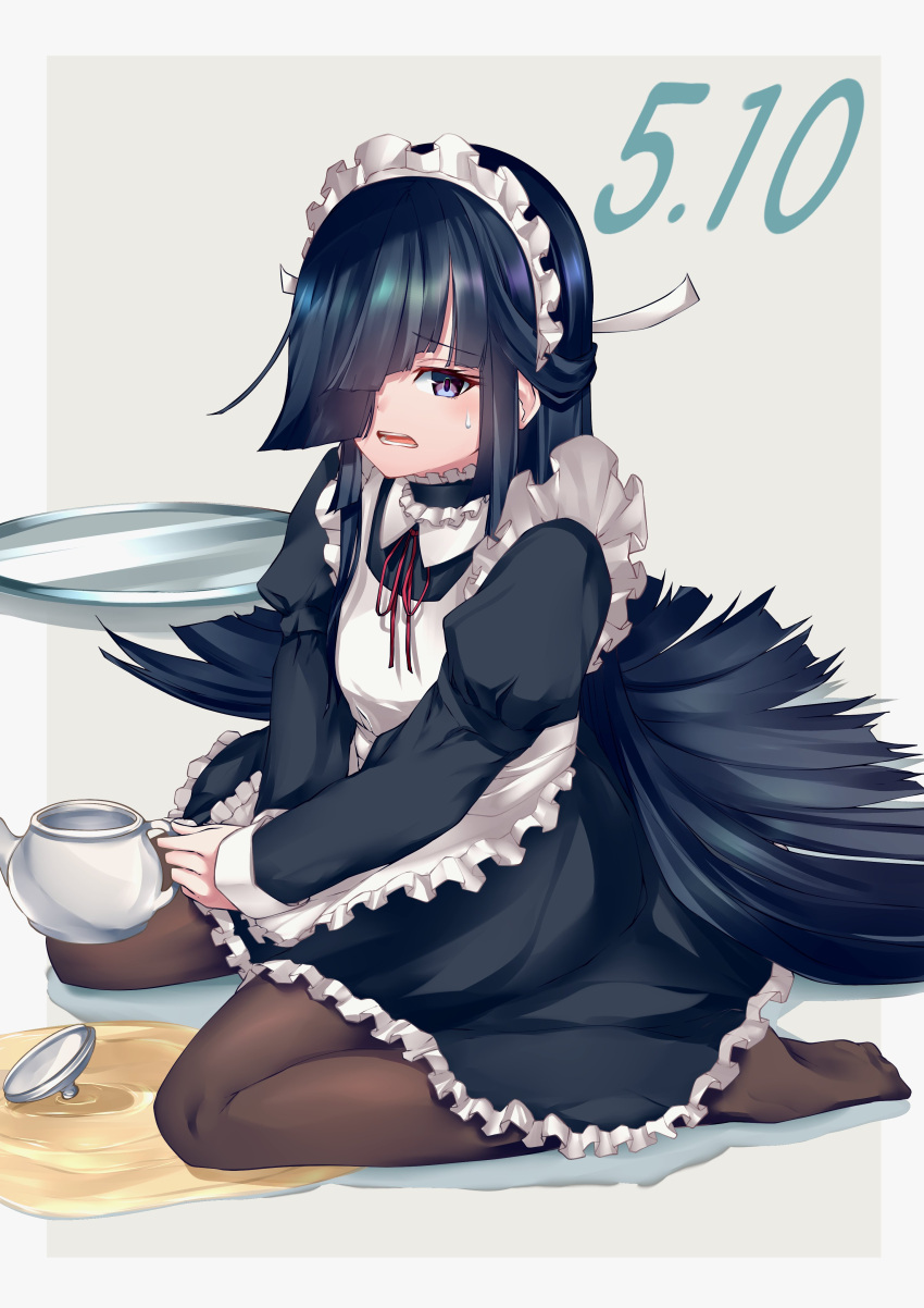 001machi 1girl absurdres alternate_costume apron black_dress black_hair black_legwear dress enmaided frilled_apron frills hair_over_one_eye hayashimo_(kancolle) highres hime_cut holding holding_teapot juliet_sleeves kantai_collection long_hair long_sleeves maid maid_apron maid_headdress pantyhose puffy_sleeves sitting solo teapot very_long_hair violet_eyes waist_apron wariza white_apron