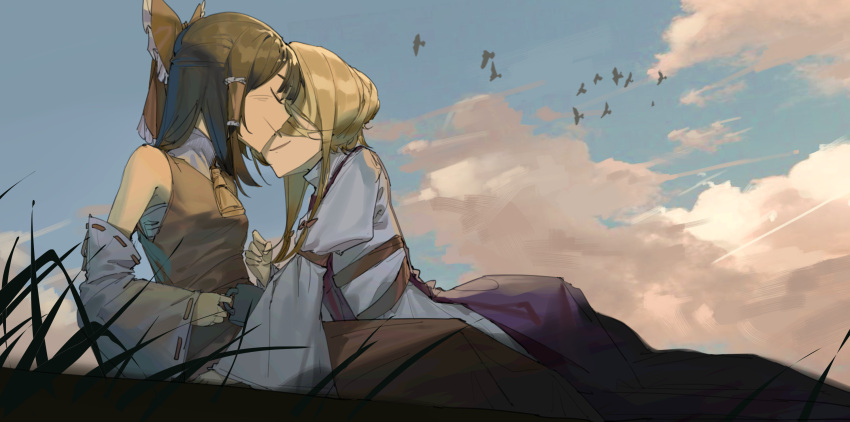 2girls alternate_hair_length alternate_hairstyle arm_strap bangs bird blonde_hair blue_sky blunt_bangs breasts brown_hair closed_eyes clouds covered_eyes cup day detached_sleeves dress frilled_hair_tubes frilled_ribbon frills grass hair_between_eyes hair_bun hair_ribbon hair_tubes hakurei_reimu high_collar highres holding holding_cup holding_hair long_hair long_skirt long_sleeves multiple_girls nudge on_ground outdoors puffy_long_sleeves puffy_sleeves red_ribbon red_skirt ribbon ribbon-trimmed_sleeves ribbon_trim sarashi shirt short_hair short_hair_with_long_locks sidelocks sitting_on_ground sjudchvd skirt sky sleeveless sleeveless_shirt small_breasts smile sunset tabard touhou white_dress wide_sleeves yakumo_yukari yellow_neckwear yuri