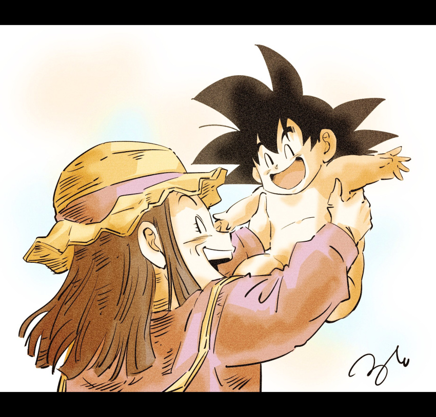 1boy 1girl ^_^ baby baby_carry bangs black_hair child_carry closed_eyes dragon_ball dragon_ball_gt grandmother_and_grandson grey_hair highres old old_woman older open_mouth pan_(dragon_ball) ruto830 smile son_goku_jr. spiky_hair upper_teeth wrinkled_skin wrinkles