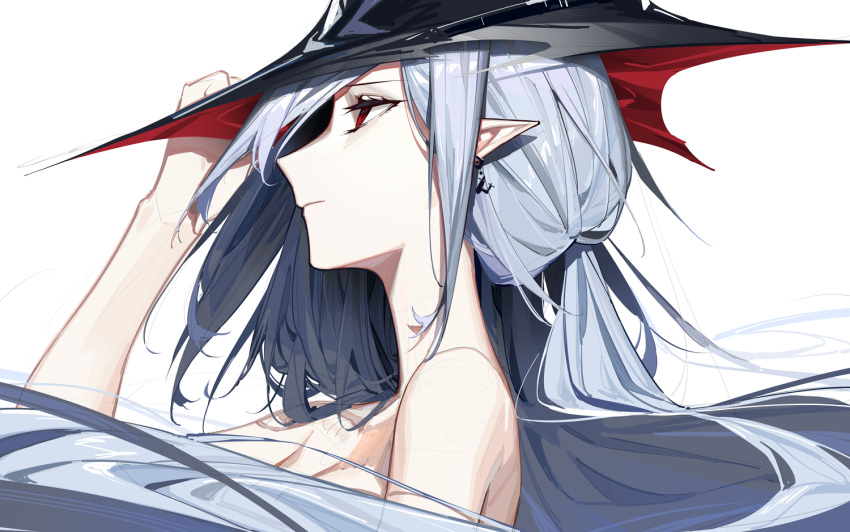 1girl arknights black_headwear earrings from_side gladiia_(arknights) grey_hair hand_on_headwear hat headwear_request jewelry long_hair pointy_ears portrait red_eyes simple_background sketch solo tied_hair white_background zhili_xingzou