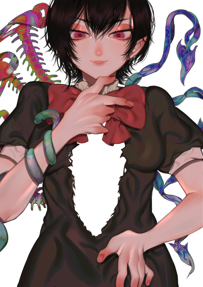 1girl absurdres asymmetrical_wings black_dress black_hair bow bowtie breasts dress from_below hand_up highres houjuu_nue lips looking_at_viewer medium_breasts mi_ri_000 parted_lips red_bow red_eyes red_neckwear short_hair simple_background smile solo torn_clothes touhou upper_body white_background wings