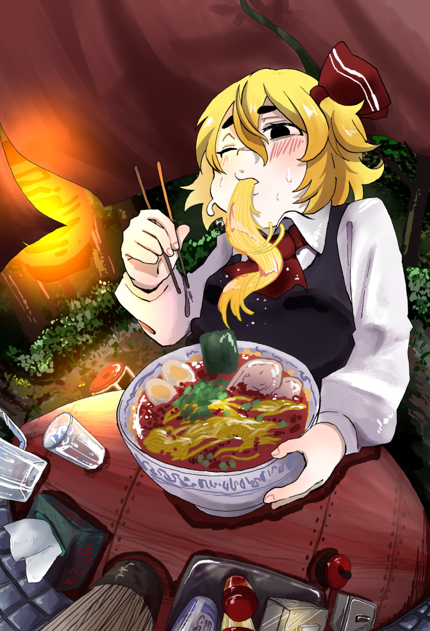 1girl ascot black_eyes blonde_hair blush bowl chopsticks collared_shirt commentary_request cup drink drinking_glass eating egg fingernails fisheye food food_in_mouth food_stand hair_between_eyes hair_ribbon hand_up highres holding holding_bowl holding_chopsticks inuyama_konan lantern long_sleeves medium_hair noodles one_eye_closed outdoors paper_lantern ribbon rumia shirt solo sweat tissue_box touhou vest white_shirt wing_collar yatai