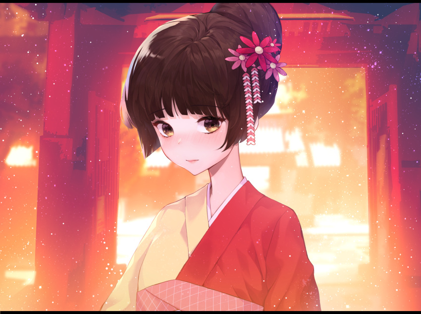 1girl blush brown_eyes brown_hair check_copyright closed_mouth copyright_request eyebrows_visible_through_hair flower hair_bun hair_flower hair_ornament heart highres japanese_clothes kimono korean_text looking_at_viewer multicolored multicolored_clothes multicolored_kimono original oyabuli red_flower solo translation_request upper_body