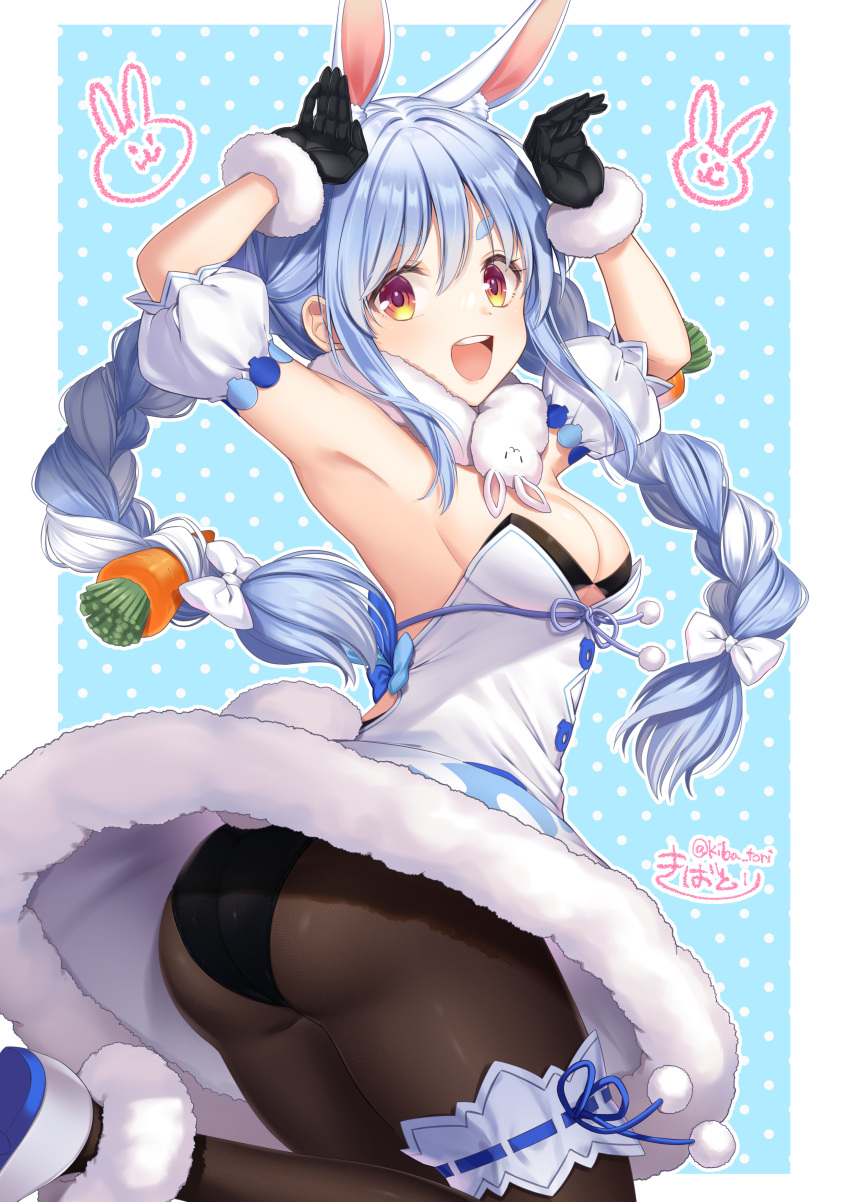 1girl :d absurdres animal_ear_fluff animal_ears armpits arms_up black_gloves black_legwear black_panties blue_background blue_hair braid breasts bunny_pose carrot_hair_ornament detached_sleeves don-chan_(usada_pekora) doodle dress food_themed_hair_ornament fur_trim gloves hair_ornament highres hololive jumping kiba_tori long_hair looking_at_viewer multicolored_hair open_mouth panties pantyhose pantyshot polka_dot polka_dot_background puffy_short_sleeves puffy_sleeves rabbit_ears rabbit_girl red_eyes short_sleeves signature smile strapless thick_eyebrows tongue twin_braids twintails two-tone_hair underwear upper_teeth usada_pekora virtual_youtuber white_dress white_hair