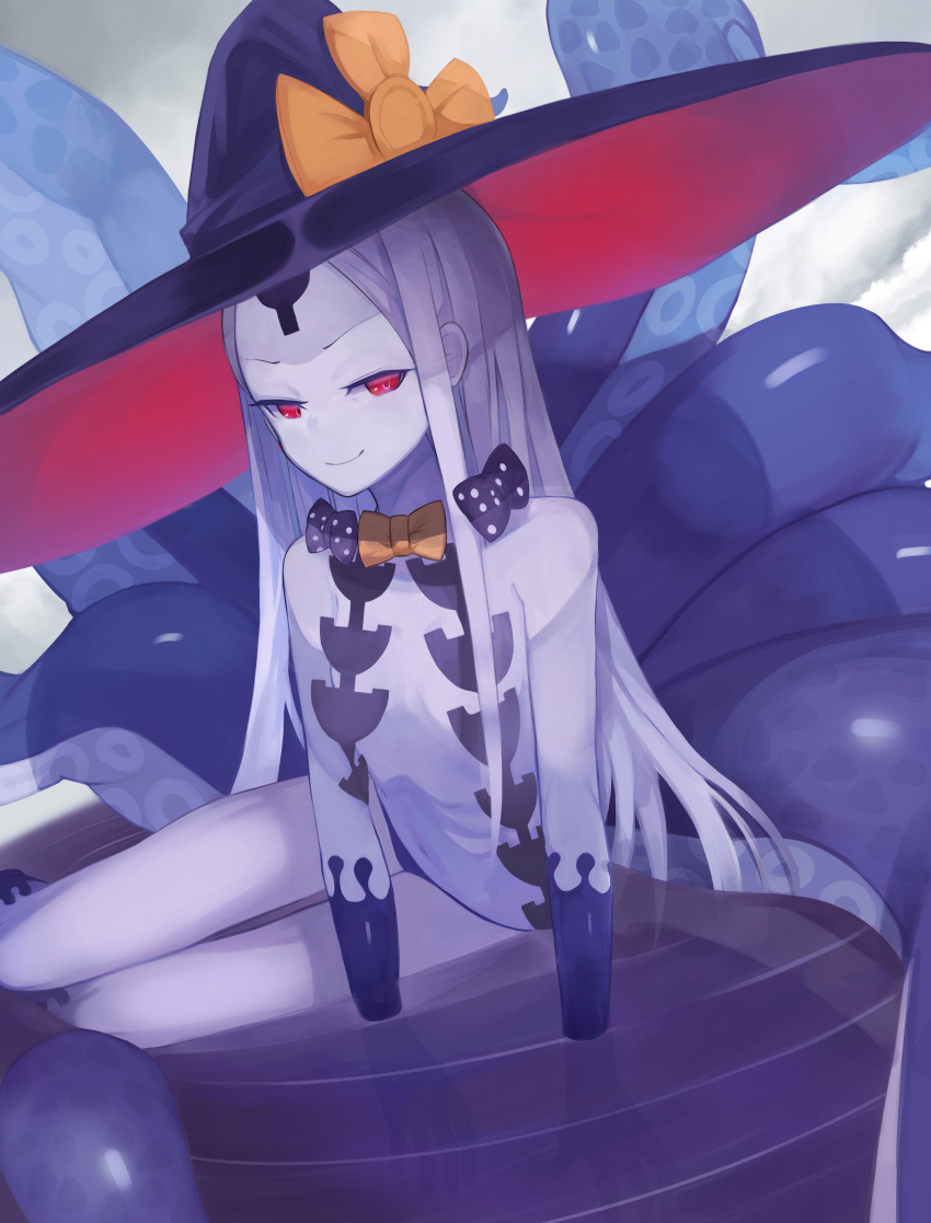 1girl abigail_williams_(fate) absurdres bangs black_gloves black_panties bow breasts colored_skin fate/grand_order fate_(series) gloves hat hat_bow highres keyhole long_hair multiple_bows navel orange_bow panties polka_dot polka_dot_bow purple_bow red_eyes sitting skinny small_breasts smile solo tentacles underwear water white_hair white_skin witch_hat