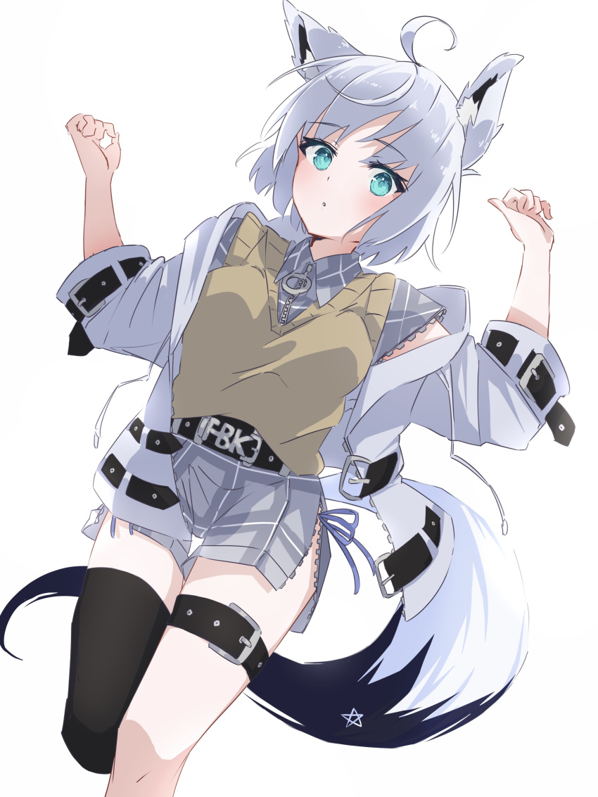 1girl :o absurdres ahoge animal_ear_fluff arms_up belt black_legwear commentary_request eyebrows_visible_through_hair green_eyes grey_shirt highres hololive jacket looking_at_viewer oninome_tsuki open_clothes open_jacket panties pentagram shirakami_fubuki shirt short_hair short_shorts shorts side-tie_panties simple_background single_thighhigh solo sweater_vest thigh-highs thigh_strap underwear virtual_youtuber white_background white_hair white_jacket