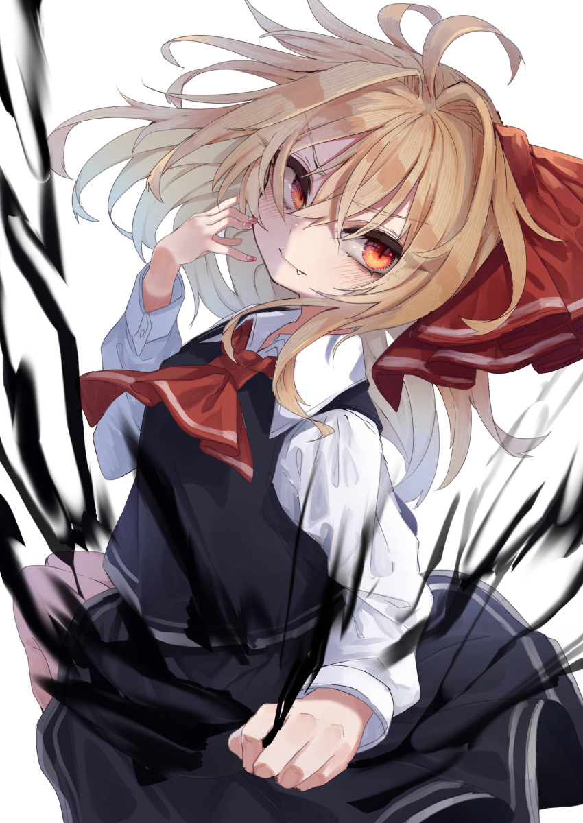 1girl absurdres ahoge ascot bangs black_skirt black_vest blonde_hair blush closed_mouth collared_shirt darkness dress_shirt fang hair_between_eyes hair_ribbon hand_up highres long_sleeves looking_at_viewer murayo orange_eyes red_neckwear ribbon rumia shirt short_hair simple_background skirt skirt_set slit_pupils smirk solo touhou v-shaped_eyebrows vest white_background white_shirt wing_collar