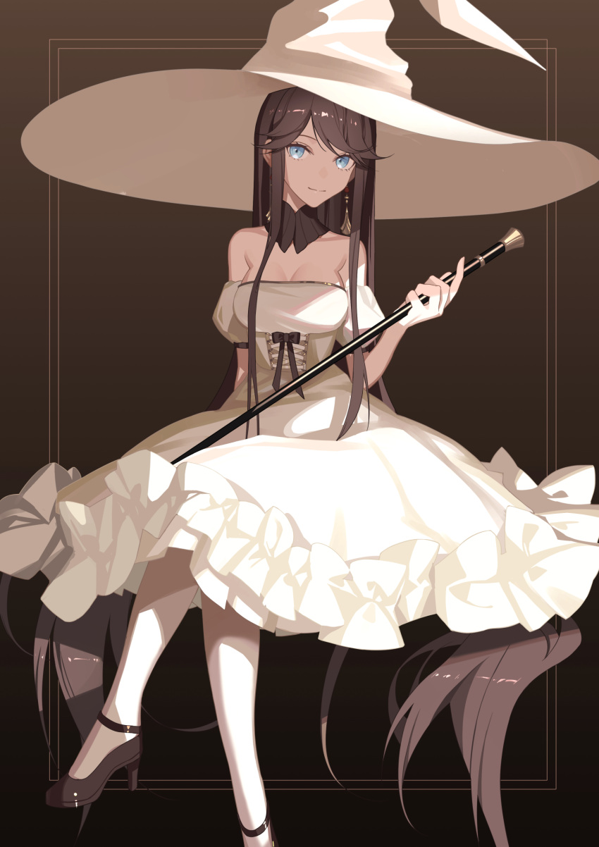 1girl absurdly_long_hair blue_eyes breasts brown_background brown_hair commentary_request corset crossed_legs detached_sleeves dress earrings frilled_dress frills hat high_heels highres holding holding_staff jewelry long_hair looking_at_viewer medium_breasts original puffy_detached_sleeves puffy_sleeves sitting smile solo staff tsuki-shigure very_long_hair white_dress witch witch_hat
