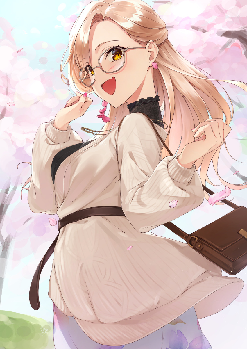 1girl :d absurdres bag bangs black_shirt blonde_hair blush breasts brown_cardigan cardigan commentary_request cowboy_shot eyebrows_visible_through_hair fang glasses hands_up highres jewelry long_hair long_sleeves looking_at_viewer looking_back nail_polish necklace nijisanji nui_sociere open_mouth pink_nails puffy_long_sleeves puffy_sleeves purple_skirt shirt shoulder_bag skin_fang skirt smile solo supersaiazin-kanako virtual_youtuber yellow_eyes