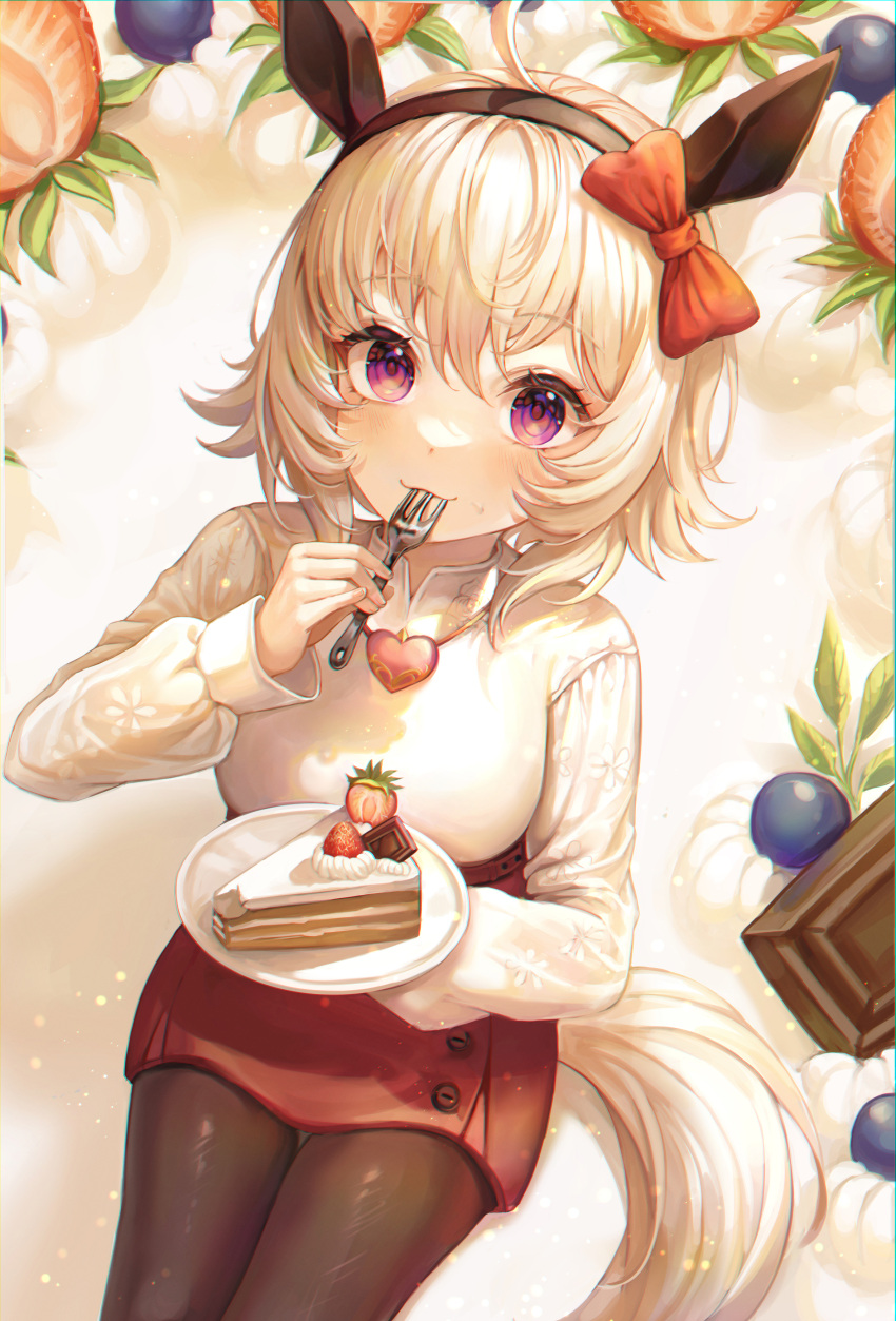 1girl absurdres ahoge animal_ears bangs bow breasts brown_hairband brown_legwear cake cake_slice chocolate commentary_request cowboy_shot curren_chan_(umamusume) ear_covers eating eyebrows_visible_through_hair food fork fruit hair_bow hairband highres holding holding_fork holding_plate horse_ears horse_girl horse_tail long_sleeves looking_at_viewer medium_breasts medium_hair mirage_(rairudiseu) oversized_food pantyhose plate red_bow red_skirt shirt sitting skirt solo strawberry tail umamusume utensil_in_mouth violet_eyes white_hair white_shirt