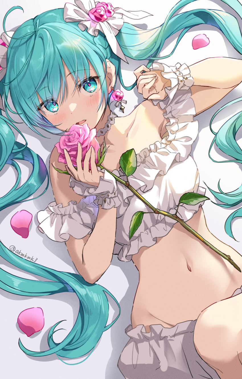 1girl ahoge aqua_eyes aqua_hair arm_up bare_shoulders choker collarbone crop_top curcumin earrings eyebrows_visible_through_hair eyes_visible_through_hair flower frilled_shirt frills groin hatsune_miku highres holding holding_flower jewelry long_hair lying midriff navel off-shoulder_shirt off_shoulder on_back open_mouth petals pink_flower pink_rose rose shirt simple_background solo twintails very_long_hair vocaloid white_background wrist_cuffs