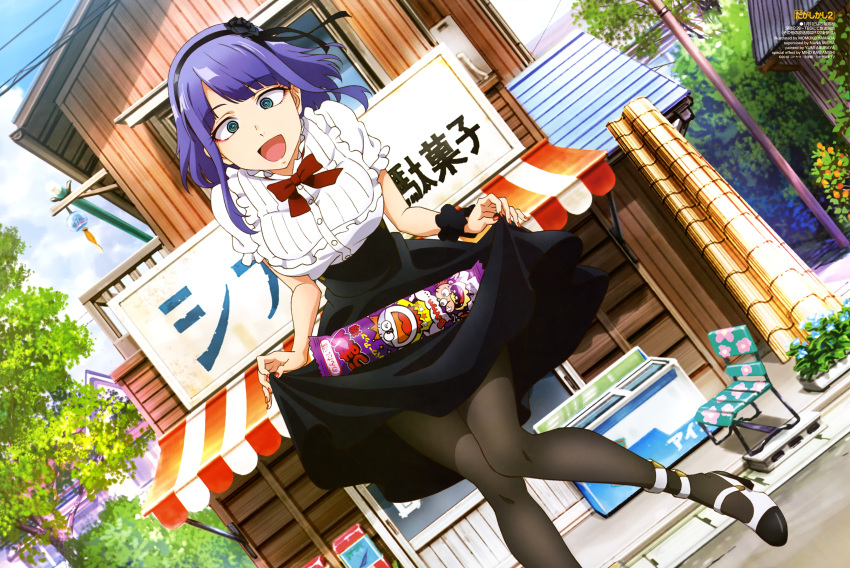 1girl :d absurdres bench black_hairband black_legwear bow bowtie candy copyright_name curtsey dagashi_kashi day dutch_angle food hairband high_heels highres looking_at_viewer magazine_scan nail_polish newtype official_art open_mouth outdoors pantyhose purple_hair red_bow ringed_eyes scan shidare_hotaru skirt skirt_lift smile tree utility_pole wire