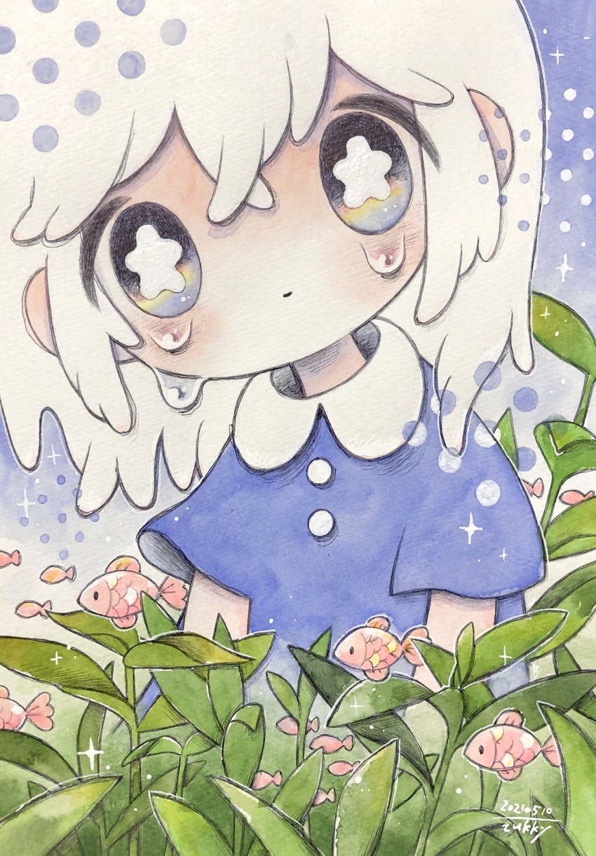 1girl blue_dress blush bright_pupils dated dress fish highres leaf medium_hair multicolored multicolored_eyes no_nose original outline plant short_sleeves signature solo sparkle tears traditional_media upper_body white_hair white_outline white_pupils zukky000