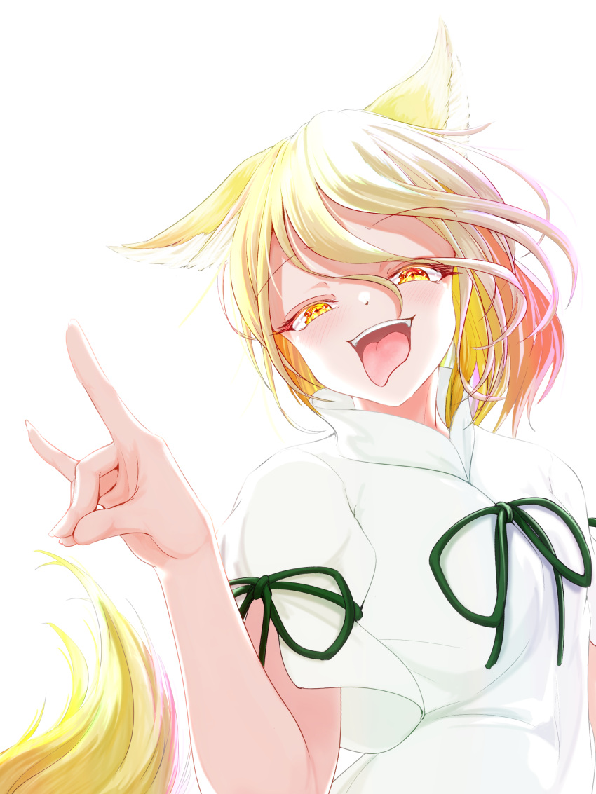 1girl absurdres animal_ears bangs besuteia blonde_hair commentary_request dress eyebrows_visible_through_hair fangs flat_chest fox_ears fox_girl fox_shadow_puppet fox_tail gesugao green_eyes hair_between_eyes highres kudamaki_tsukasa looking_at_viewer open_mouth short_sleeves simple_background smug solo squinting tail tongue tongue_out touhou white_background white_dress yellow_eyes
