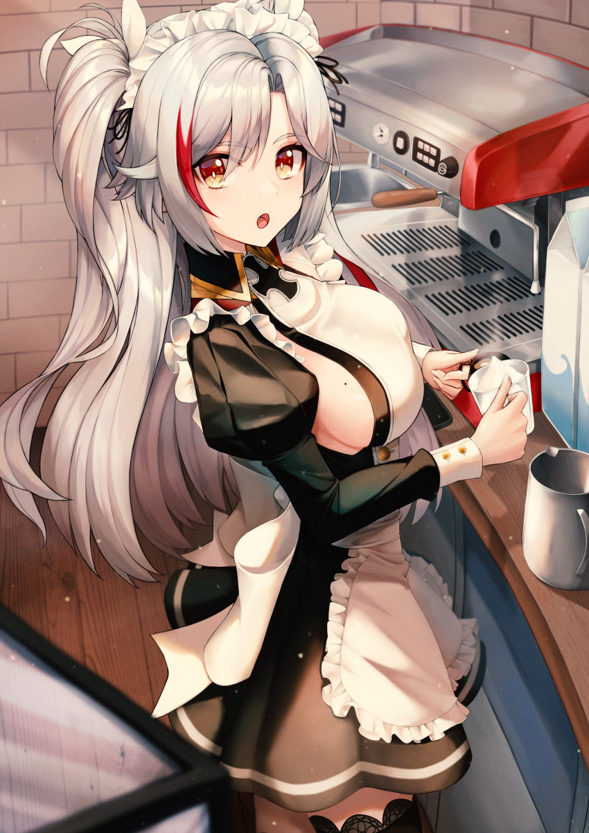 1girl :o absurdres alternate_costume apron azur_lane bangs black_dress breasts brick_wall commentary_request cup dress enmaided eyebrows_visible_through_hair eyes_visible_through_hair highres holding holding_cup huge_filesize indoors juliet_sleeves large_breasts long_hair long_sleeves looking_at_viewer maid maid_headdress mole mole_on_breast multicolored_hair prinz_eugen_(azur_lane) puffy_sleeves red_eyes redhead sideboob silver_hair solo sora_(men0105) standing streaked_hair two_side_up white_apron wooden_floor