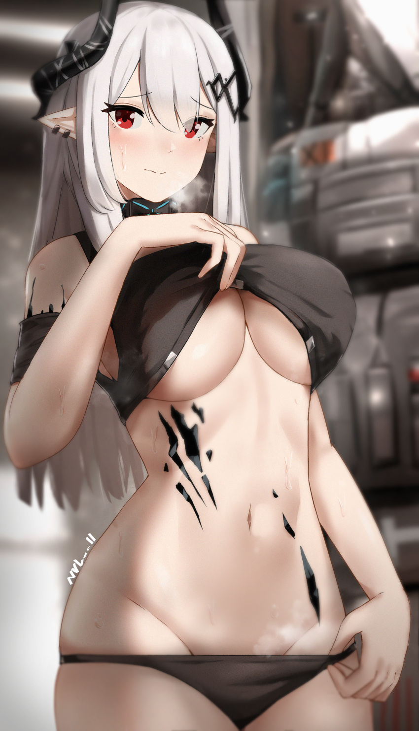 1girl absurdres arknights bare_shoulders black_choker black_panties black_shirt blurry breasts choker closed_mouth cowboy_shot depth_of_field embarrassed formal groin highres horns huge_filesize infection_monitor_(arknights) large_breasts lifted_by_self long_hair looking_at_viewer mudrock_(arknights) navel nvl oripathy_lesion_(arknights) panties pointy_ears red_eyes shirt shirt_lift sidelocks skindentation sleeveless sleeveless_shirt solo stomach suit sweat under_boob underwear white_hair