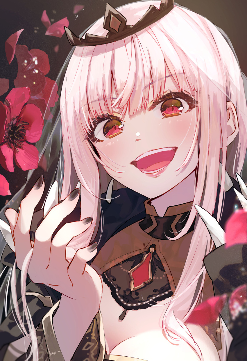 1girl :d absurdres anemone_(flower) black_nails blush brown_background commentary_request flower hand_up highres hololive hololive_english long_hair looking_at_viewer mori_calliope nail_polish open_mouth petals pink_eyes pink_hair red_flower simple_background smile solo syuri22 tiara upper_body virtual_youtuber