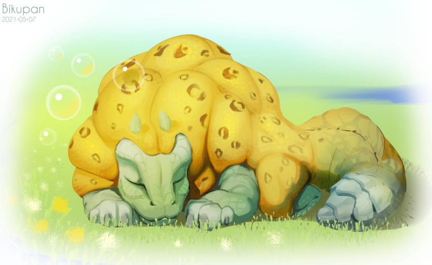 1other animal_print bikupan bubble closed_eyes colored_skin day english_commentary field full_body grass green_skin leopard_print monster monster_hunter_(series) monster_hunter_rise no_humans outdoors paws royal_ludroth scales sleeping solo tail yellow_skin