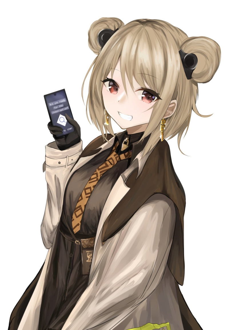 1girl cellphone double_bun girls_frontline grin highres light_brown_hair looking_at_viewer nakaryo0404 official_alternate_costume p90_(girls_frontline) phone red_eyes short_hair smartphone smile solo