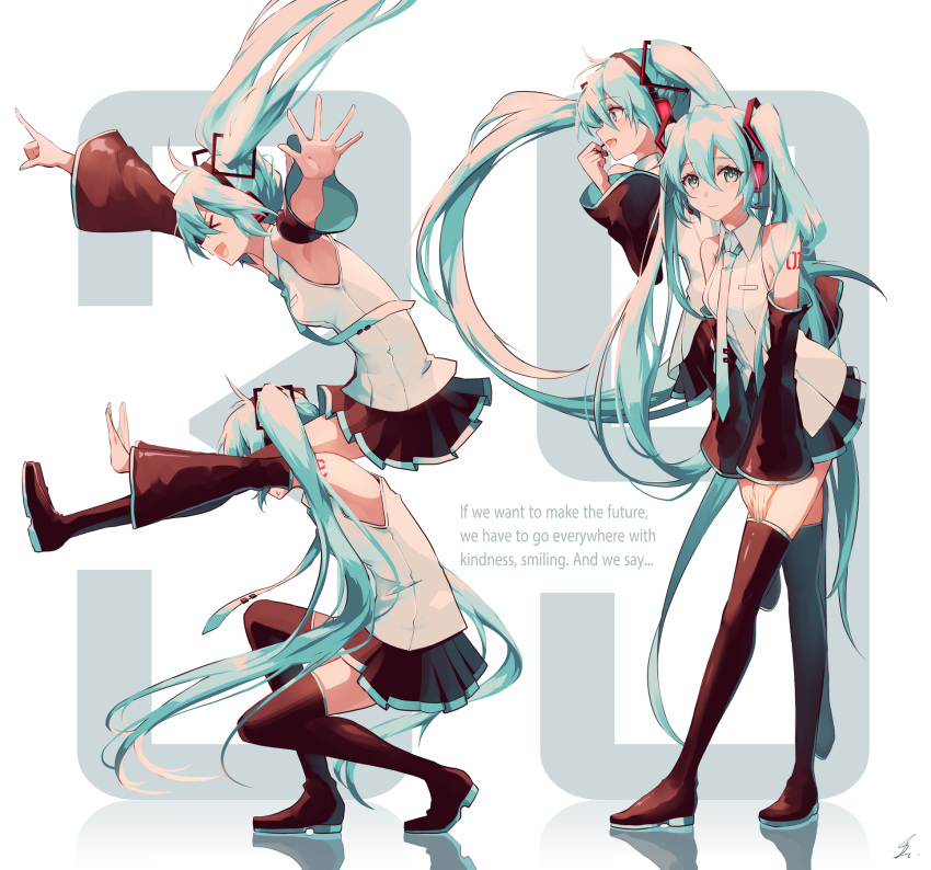 &gt;_&lt; 39 4girls :d bangs black_skirt blue_eyes blue_hair blue_neckwear boots breasts brown_footwear brown_legwear brown_sleeves closed_mouth collared_shirt commentary_request detached_sleeves english_text eyebrows_visible_through_hair hair_between_eyes hatsune_miku headphones highres long_hair long_sleeves medium_breasts multiple_girls multiple_persona necktie open_mouth outstretched_arms pleated_skirt saihate_(d3) shirt skirt sleeveless sleeveless_shirt sleeves_past_wrists smile standing thigh-highs thigh_boots tie_clip twintails very_long_hair vocaloid white_background white_shirt wide_sleeves xd