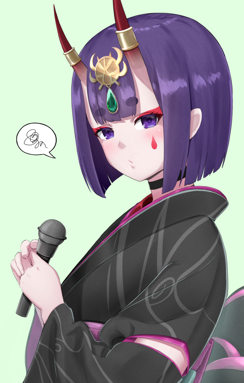 1girl absurdres black_kimono bob_cut eyebrows_visible_through_hair eyeliner facial_mark fate/grand_order fate_(series) headpiece highres holding holding_microphone horns japanese_clothes kimono lostroom_outfit_(fate) makeup microphone obi oni oni_horns particle_sfs purple_hair sash short_eyebrows short_hair shuten_douji_(fate) skin-covered_horns solo speech_bubble spoken_squiggle squiggle teardrop upper_body violet_eyes