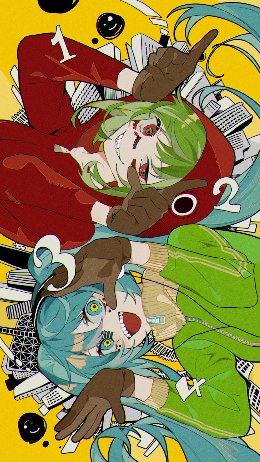2girls absurdres black_outline blue_eyes blue_hair brown_gloves building chromatic_aberration city clenched_hands clenched_teeth dot_nose eyebrows_visible_through_hair facepaint flat_chest gloves green_eyes green_hair green_jacket grin gumi hair_between_eyes halftone hands_up hatsune_miku headphones highres hood hood_up hoodie index_finger_raised jacket long_hair looking_at_another looking_to_the_side looking_up matryoshka_(vocaloid) multicolored multicolored_eyes multiple_girls number omutatsu open_mouth outline pale_skin parted_lips red_eyes red_hoodie ringed_eyes rotational_symmetry shiny shiny_hair short_hair_with_long_locks side-by-side simple_background skyscraper smile smiley_face tareme teeth track_jacket tsurime twintails upper_body upper_teeth very_long_hair vocaloid window yellow_background yellow_eyes zipper