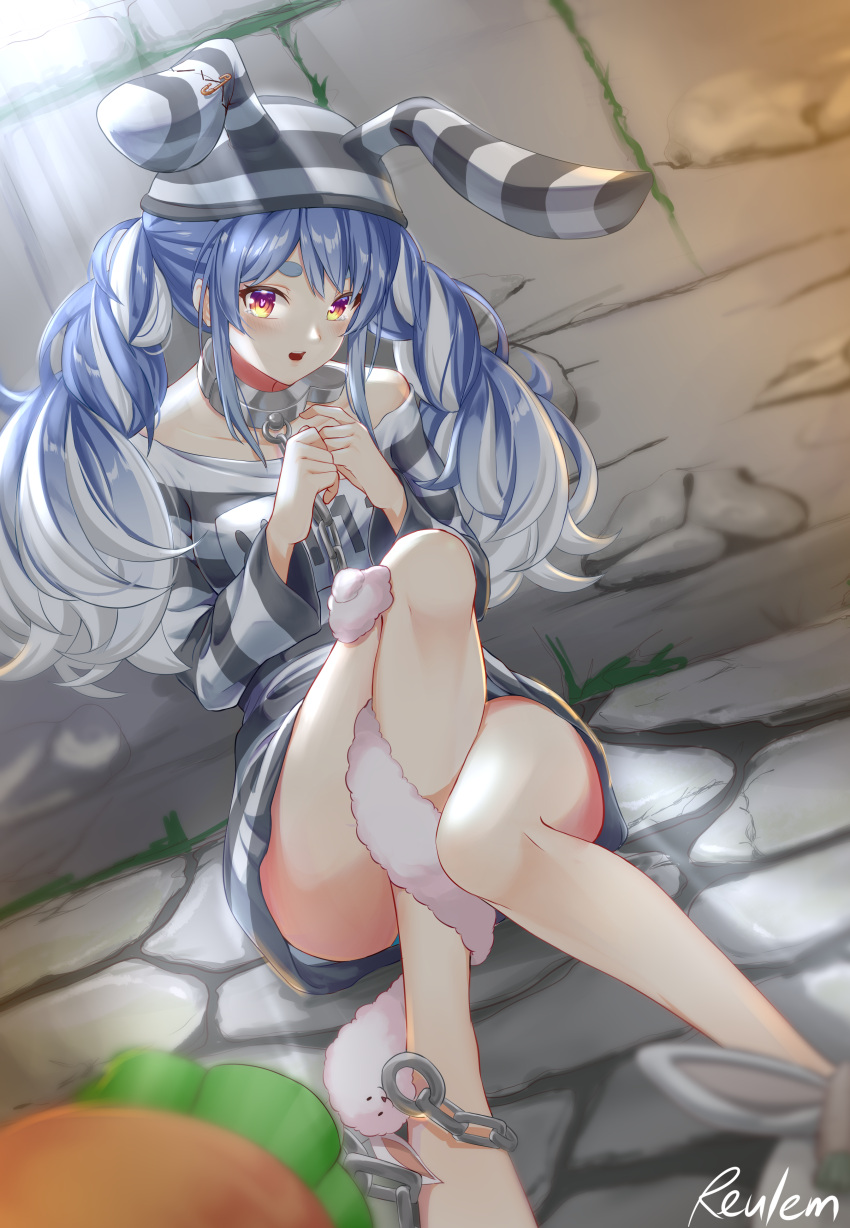 1girl absurdres animal_ears bangs blue_hair blush bunny-shaped_pupils cuffs don-chan_(usada_pekora) dungeon feet_out_of_frame highres hikimayu hololive long_hair looking_at_viewer multicolored_hair open_mouth prison_cell prison_clothes rabbit_ears red_eyes reulem shackles short_eyebrows signature sitting solo swept_bangs tearing_up thick_eyebrows twintails two-tone_hair usada_pekora virtual_youtuber white_hair