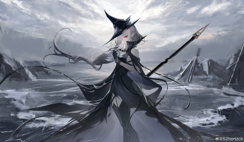 1girl 52hertz absurdres arknights bare_arms bare_shoulders black_dress black_gloves black_legwear breasts clouds cloudy_sky dress gladiia_(arknights) gloves hair_over_one_eye hat highres holding holding_spear holding_weapon long_hair looking_at_viewer ocean pointy_ears polearm ponytail red_eyes ruins shore silver_hair sky solo spear standing thigh-highs weapon