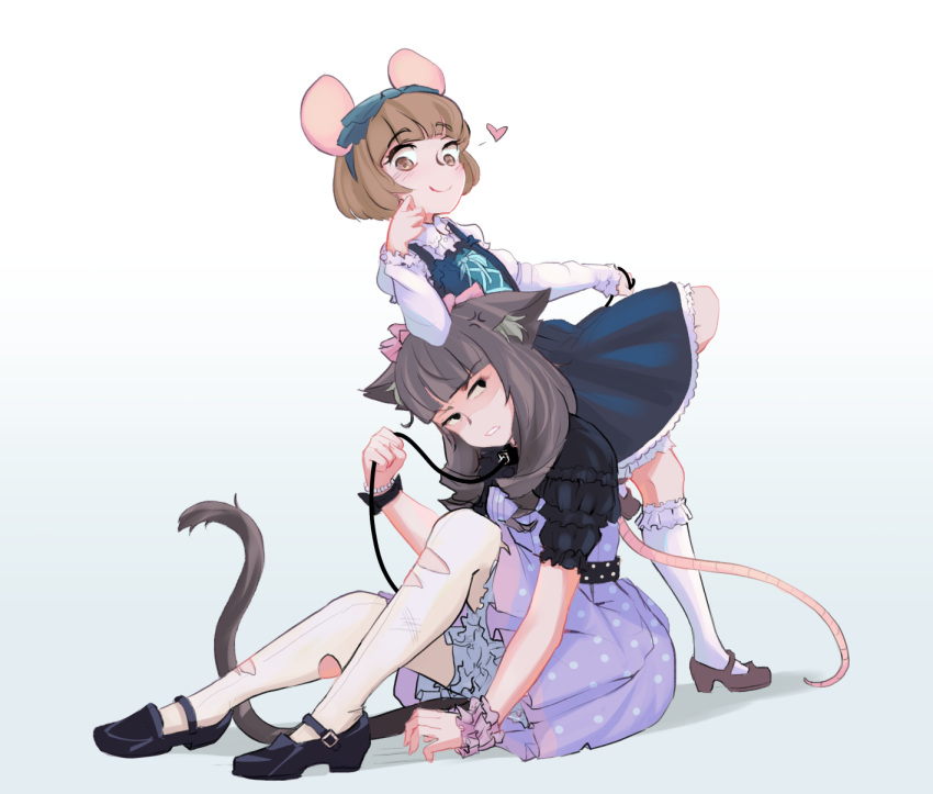 2girls anger_vein animal_ears bangs black_footwear black_hair blunt_bangs blush brown_eyes brown_hair cat_ears cat_girl cat_tail collar dress frilled_dress frills genderswap genderswap_(mtf) gradient gradient_background grey_background heart highres hiwonoafu holding holding_leash jerry_(tom_and_jerry) juliet_sleeves leash long_sleeves looking_at_another looking_down mouse_ears mouse_girl mouse_tail multiple_girls personification puffy_sleeves tail tom_(tom_and_jerry) tom_and_jerry white_background white_legwear wrist_cuffs yuri