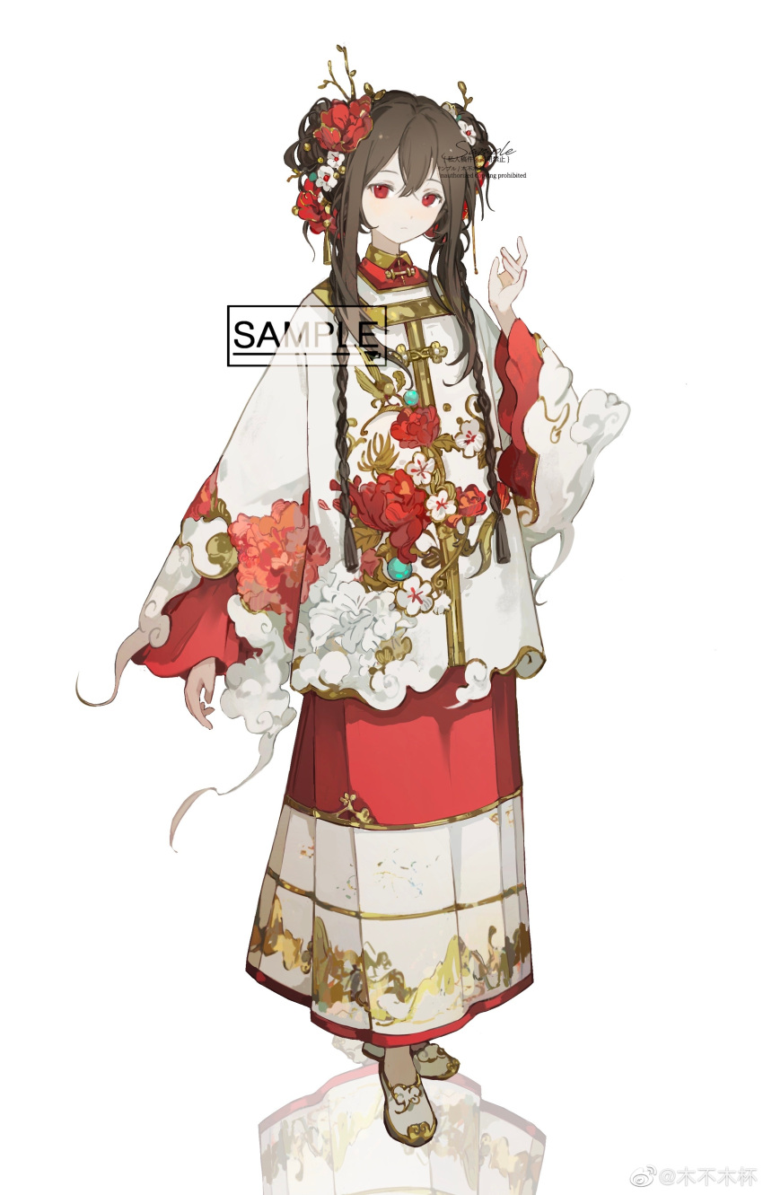 absurdres chinese_clothes clouds cloudy_sky flower hair_flower hair_ornament hanfu highres mamianqun mubu mubu_mubei original red_eyes sample_watermark sky watermark white_background