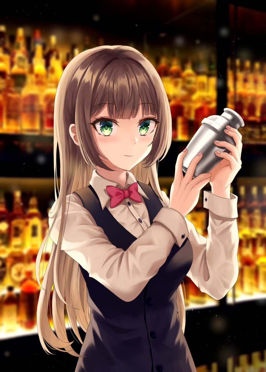 1girl absurdres bartender black_vest bottle bow bowtie breasts brown_hair cocktail_shaker collared_shirt daisy_cutter green_eyes highres indoors long_hair long_sleeves medium_breasts original red_neckwear shirt solo upper_body vest white_shirt