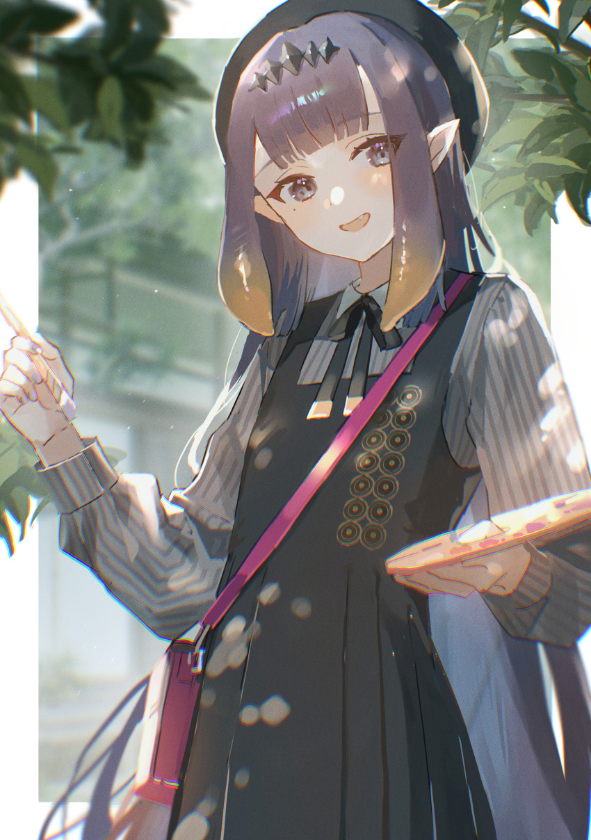 1girl :d absurdres bag bangs beret black_dress black_ribbon blunt_bangs blurry blurry_background chromatic_aberration dress fang handbag hat headpiece highres hololive huge_filesize long_hair long_sleeves looking_at_viewer mole mole_under_eye neck_ribbon ninomae_ina'nis open_mouth outdoors oyuyu paintbrush palette pinafore_dress pointy_ears purple_hair ribbon shoulder_bag smile solo tentacle_hair violet_eyes virtual_youtuber