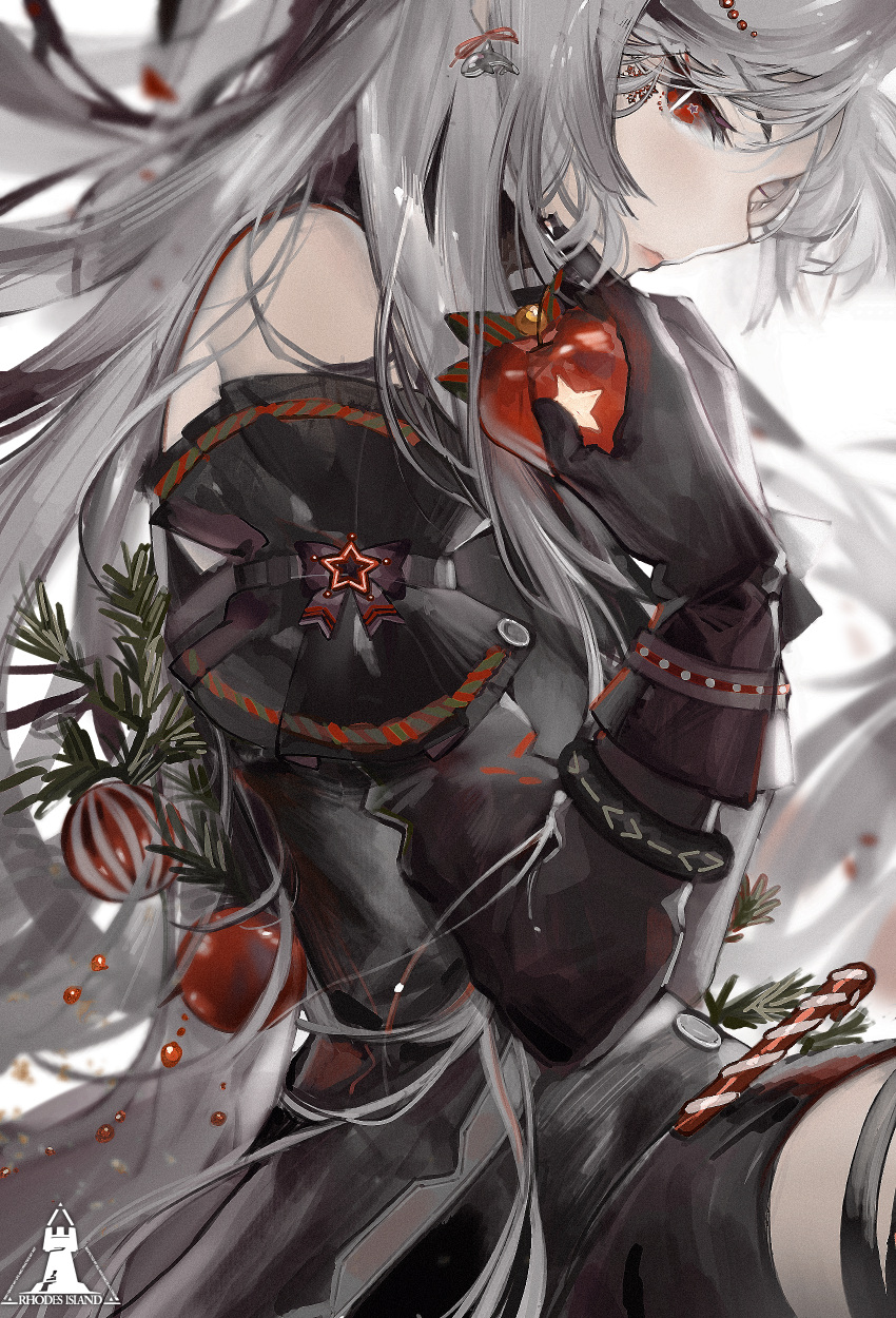 1girl absurdres apple arknights bangs bare_shoulders black_coat black_gloves candy christmas coat finn_zoey food fruit gloves hair_ornament hairclip highres holding holding_food holding_fruit leg_belt long_hair looking_at_viewer red_eyes ribbon santa_costume silver_hair skadi_(arknights) solo