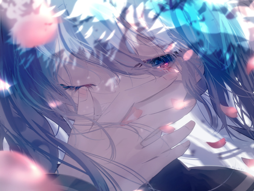 bangs blue_eyes blue_hair close-up covered_face covered_mouth eyelashes face flower fuyuzuki_gato hair_strand hand_on_own_face hatsune_miku highres long_hair long_sleeves looking_down one_eye_closed petals plum_blossoms twintails twitter_username vocaloid wind