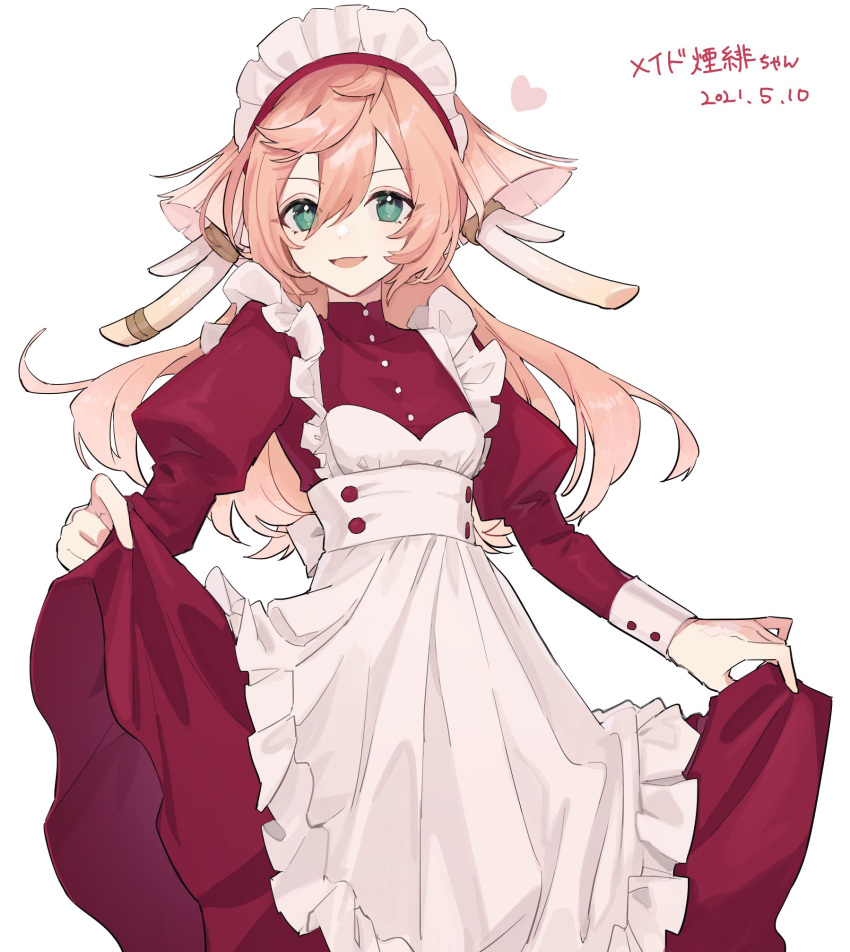 1girl 2021 :d aee_gnsn antlers apron dated dress dress_lift genshin_impact green_eyes hair_between_eyes heart highres lifted_by_self long_hair long_sleeves looking_at_viewer maid maid_apron maid_headdress open_mouth pink_hair puffy_long_sleeves puffy_sleeves red_dress simple_background skirt skirt_lift smile solo white_background yanfei_(genshin_impact)