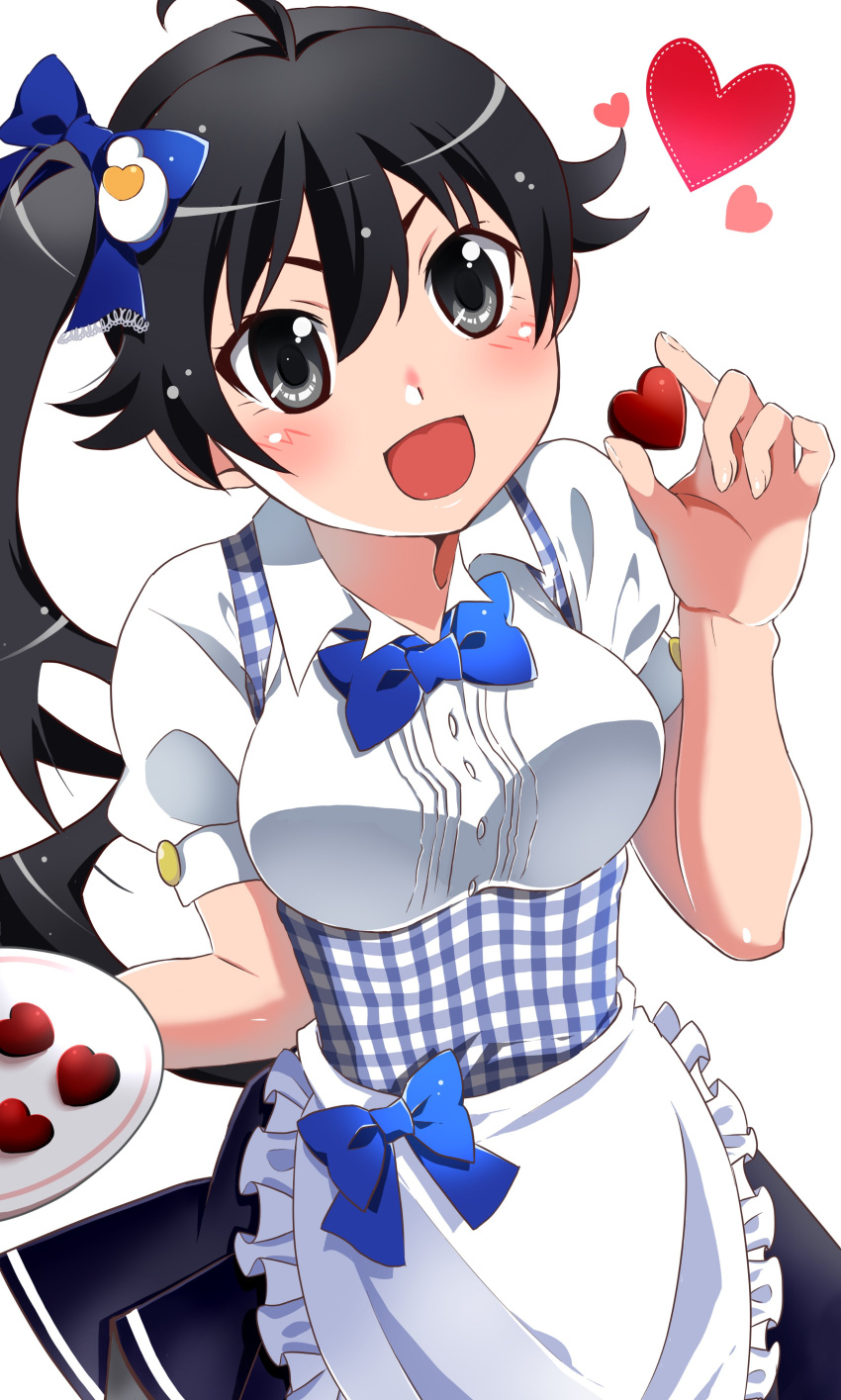 1girl :d absurdres ahoge apron araragi_karen black_hair black_skirt blue_apron blue_bow blue_neckwear blush bow bowtie breasts buttons collared_shirt commentary_request dress_shirt gingham_apron hair_bow hands_up happy heart highres holding holding_plate kobeya kobeya_uniform large_breasts long_hair looking_at_viewer mashimaro_tabetai monogatari_(series) open_mouth plate puffy_short_sleeves puffy_sleeves shirt short_sleeves skirt smile solo standing underbust waist_apron waitress white_apron white_shirt