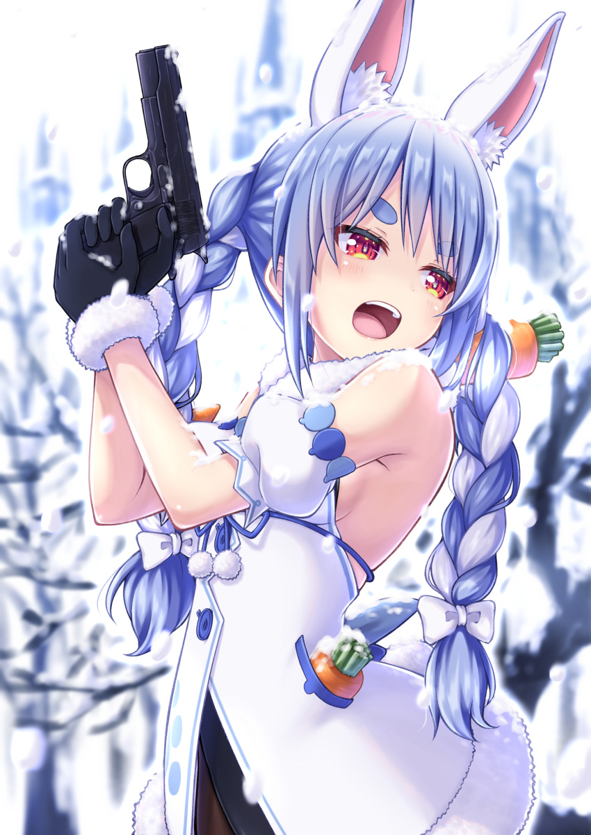 1girl animal_ear_fluff animal_ears bangs black_gloves black_leotard blue_hair blurry blurry_background blush bow braid breasts bunny-shaped_pupils bunny_tail carrot carrot_hair_ornament coat commentary_request detached_sleeves eyebrows_visible_through_hair food_themed_hair_ornament fur-trimmed_coat fur-trimmed_gloves fur_scarf fur_trim gloves gun hair_bow hair_ornament handgun hands_up highres holding holding_gun holding_weapon hololive leotard leotard_under_clothes long_hair looking_to_the_side multicolored_hair open_mouth outdoors pom_pom_(clothes) pontasu puffy_short_sleeves puffy_sleeves rabbit_ears rabbit_girl red_eyes scarf short_eyebrows short_sleeves sideboob small_breasts snow snowing solo standing strapless strapless_coat strapless_leotard tail thick_eyebrows twin_braids twintails two-tone_hair upper_teeth usada_pekora virtual_youtuber weapon white_bow white_coat white_hair white_scarf white_sleeves
