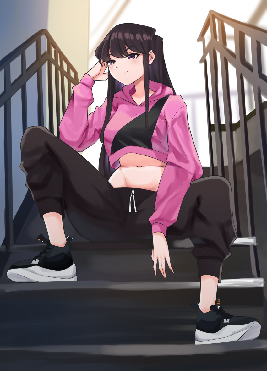 1girl absurdres bangs black_hair crop_top crop_top_overhang highres komi-san_wa_komyushou_desu komi_shouko long_hair midriff pants shoes sitting smile smug sneakers stairs sweatpants violet_eyes